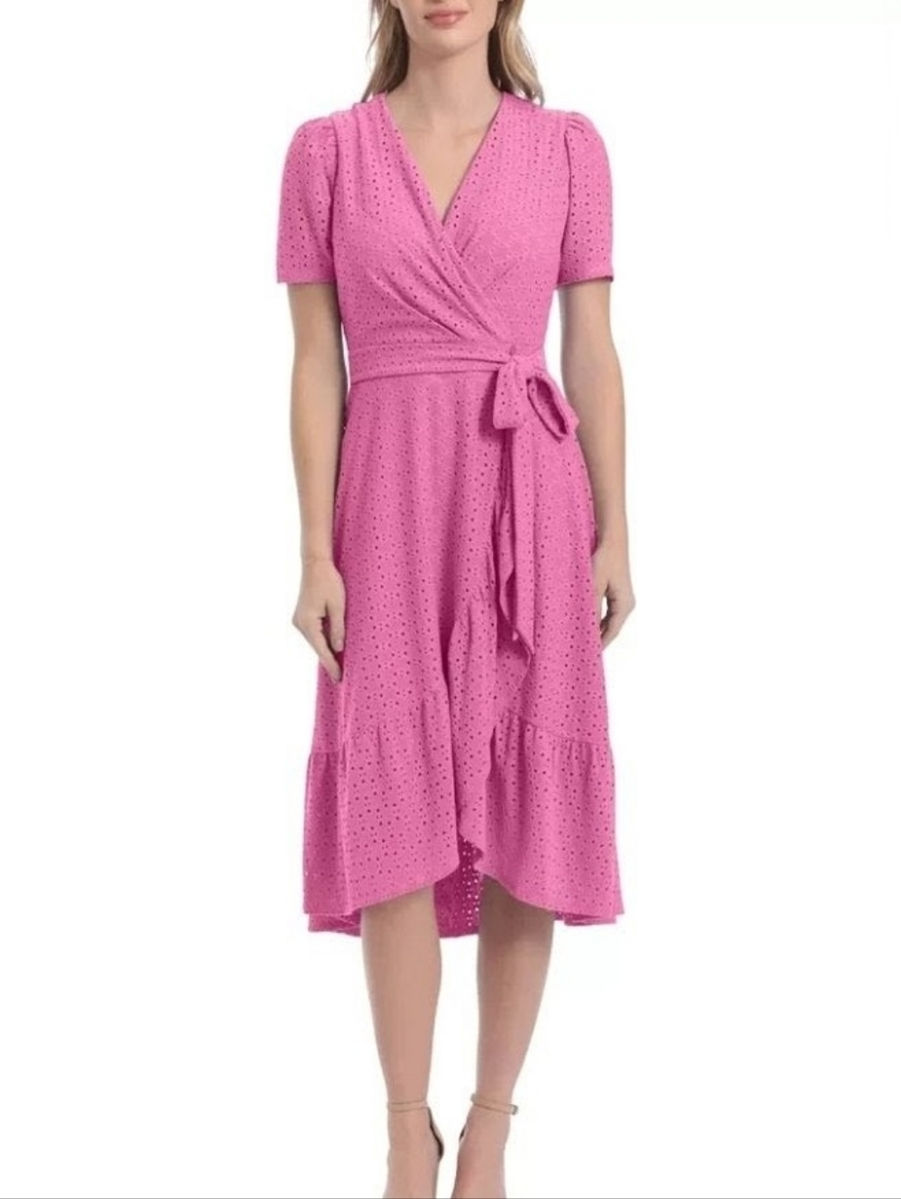 London Times Eyelet Midi Wrap Dress Ruffle Front Hem In Cyclamen Pink, EUC, 20W